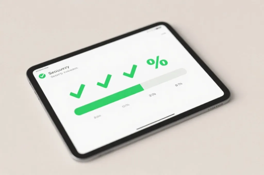 A clean modern tablet screen displaying a visual progress bar and green checkmarks representing secure terms verification